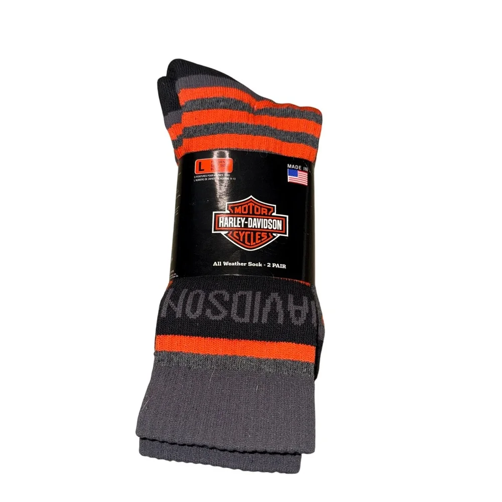 Harley Davidson Socks Large Grey Orange Striped All Weather 2 Pair Pack